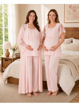 Pudra Dantelli Uzun Kollu Lohusa Hamile Pijama Takımı Sabahlık 33008 Pudra Dantelli Uzun Kollu Lohusa Hamile Pijama Takımı Sabahlık 33008